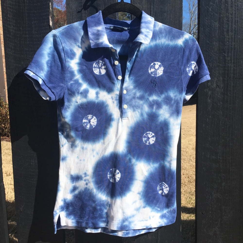 Ralph Lauren blue and white tie dye polo shirt.